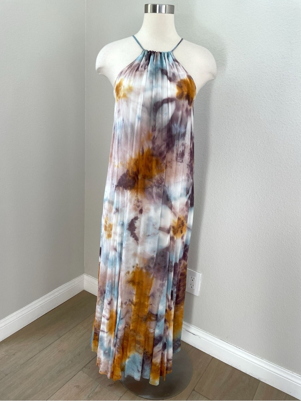 Tie-Dye Halter Maxi Dress in Mustard, Blue & Purple